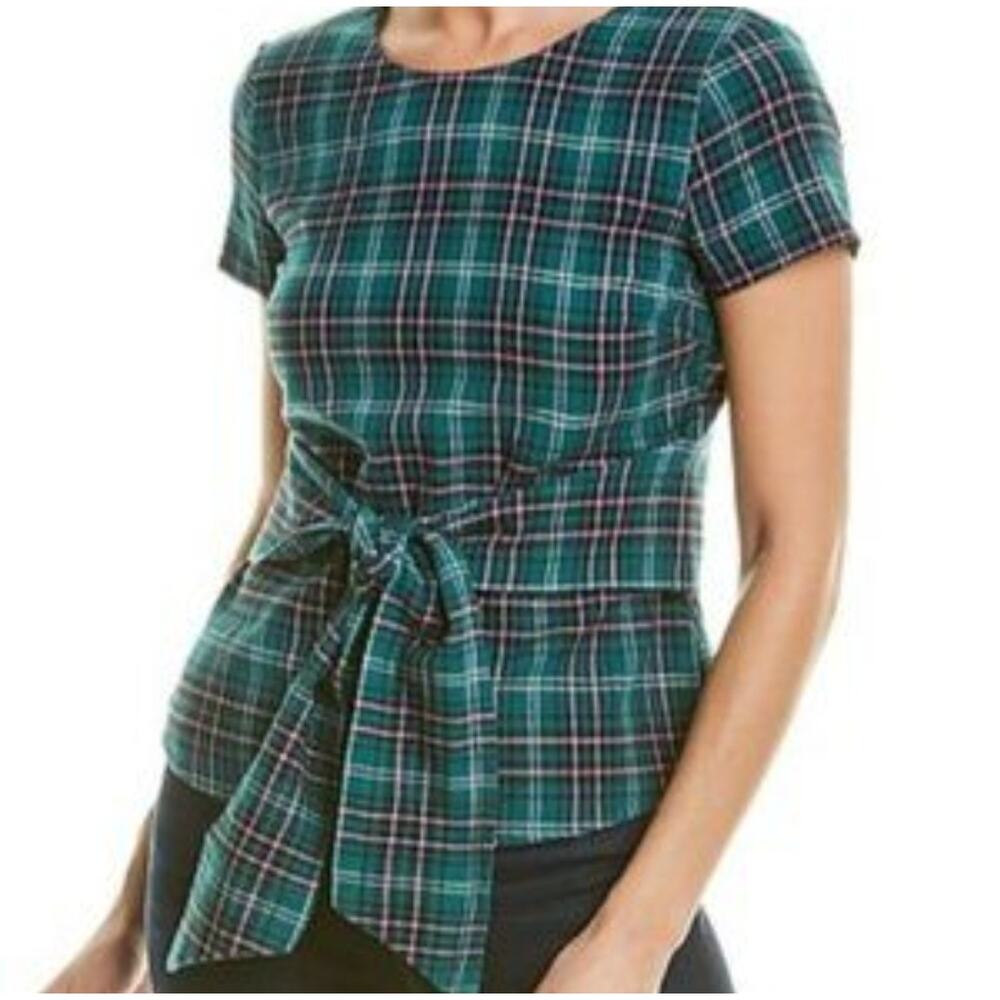 Abbey Glass Tie Front Blouse Size XS Green Pink Plaid Short‎ Sleeve